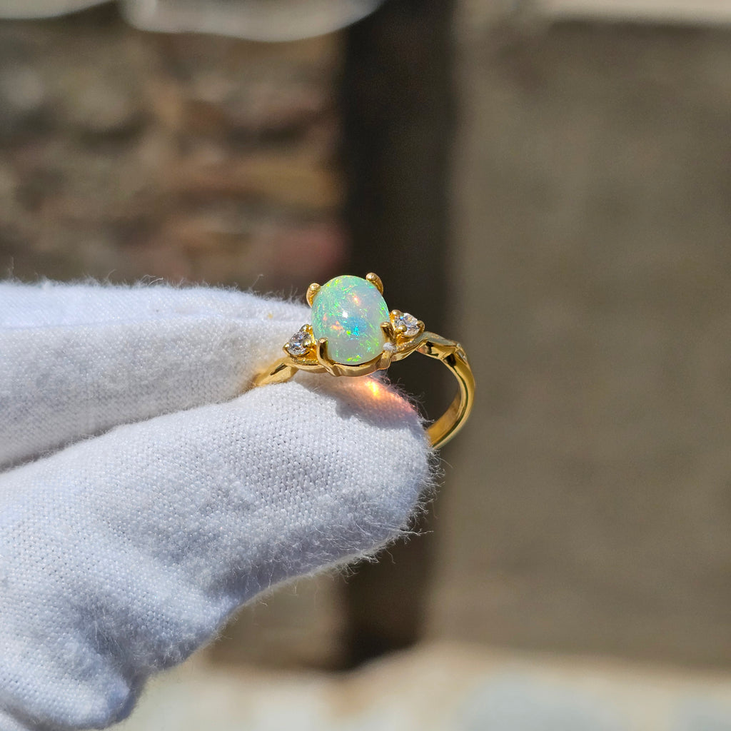 925 Sterling Silver Gold Plated Natural White Opal Ring – Round Opal Promise Ring for Women | October Birthstone Gift