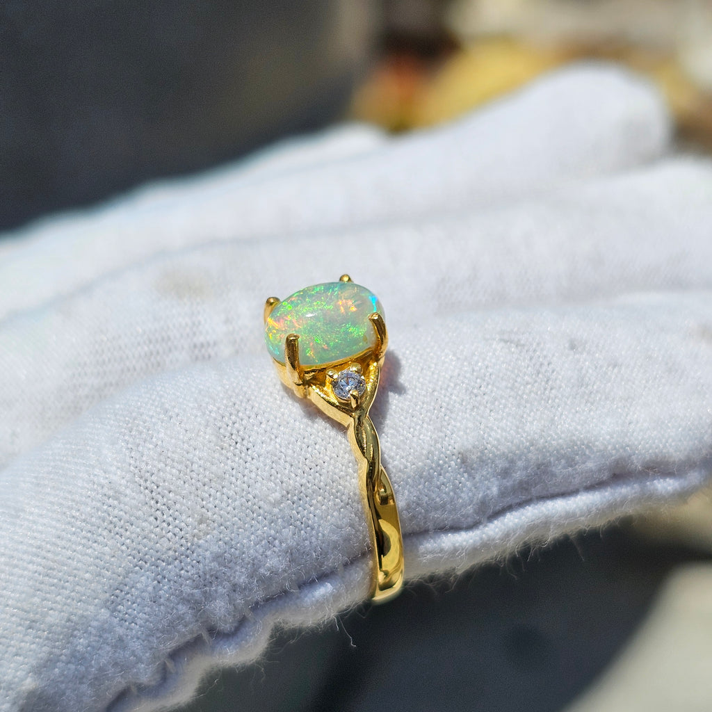 925 Sterling Silver Gold Plated Natural White Opal Ring – Round Opal Promise Ring for Women | October Birthstone Gift