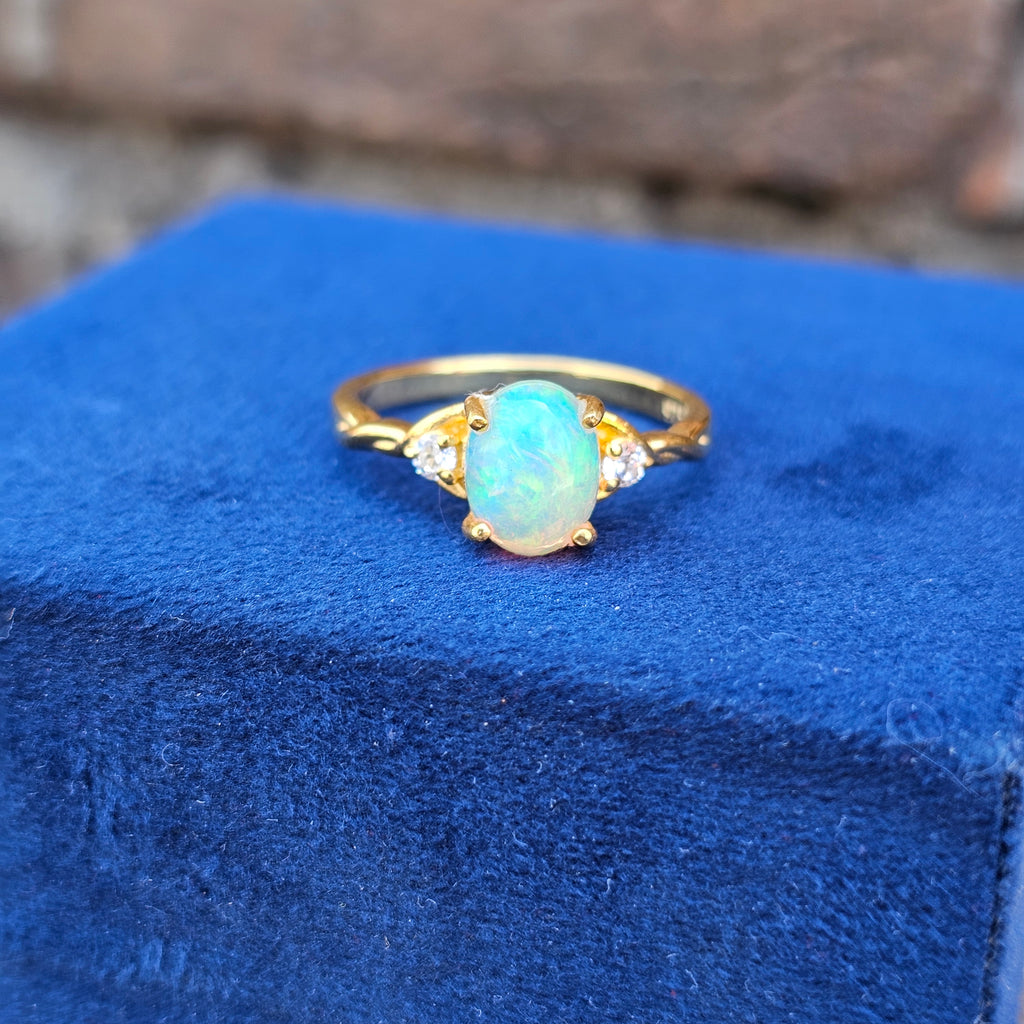 925 Sterling Silver Gold Plated Natural White Opal Ring – Round Opal Promise Ring for Women | October Birthstone Gift