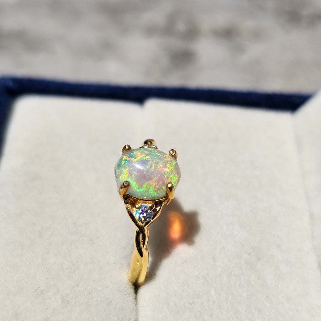 925 Sterling Silver Gold Plated Natural White Opal Ring – Round Opal Promise Ring for Women | October Birthstone Gift