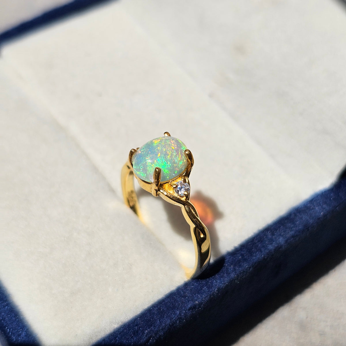 925 Sterling Silver Gold Plated Natural White Opal Ring – Round Opal Promise Ring for Women | October Birthstone Gift