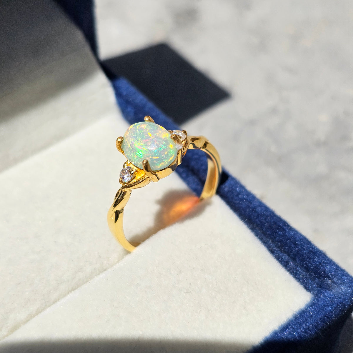 925 Sterling Silver Gold Plated Natural White Opal Ring – Round Opal Promise Ring for Women | October Birthstone Gift