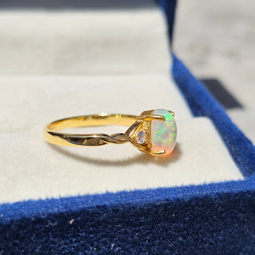 925 Sterling Silver Gold Plated Natural White Opal Ring – Round Opal Promise Ring for Women | October Birthstone Gift