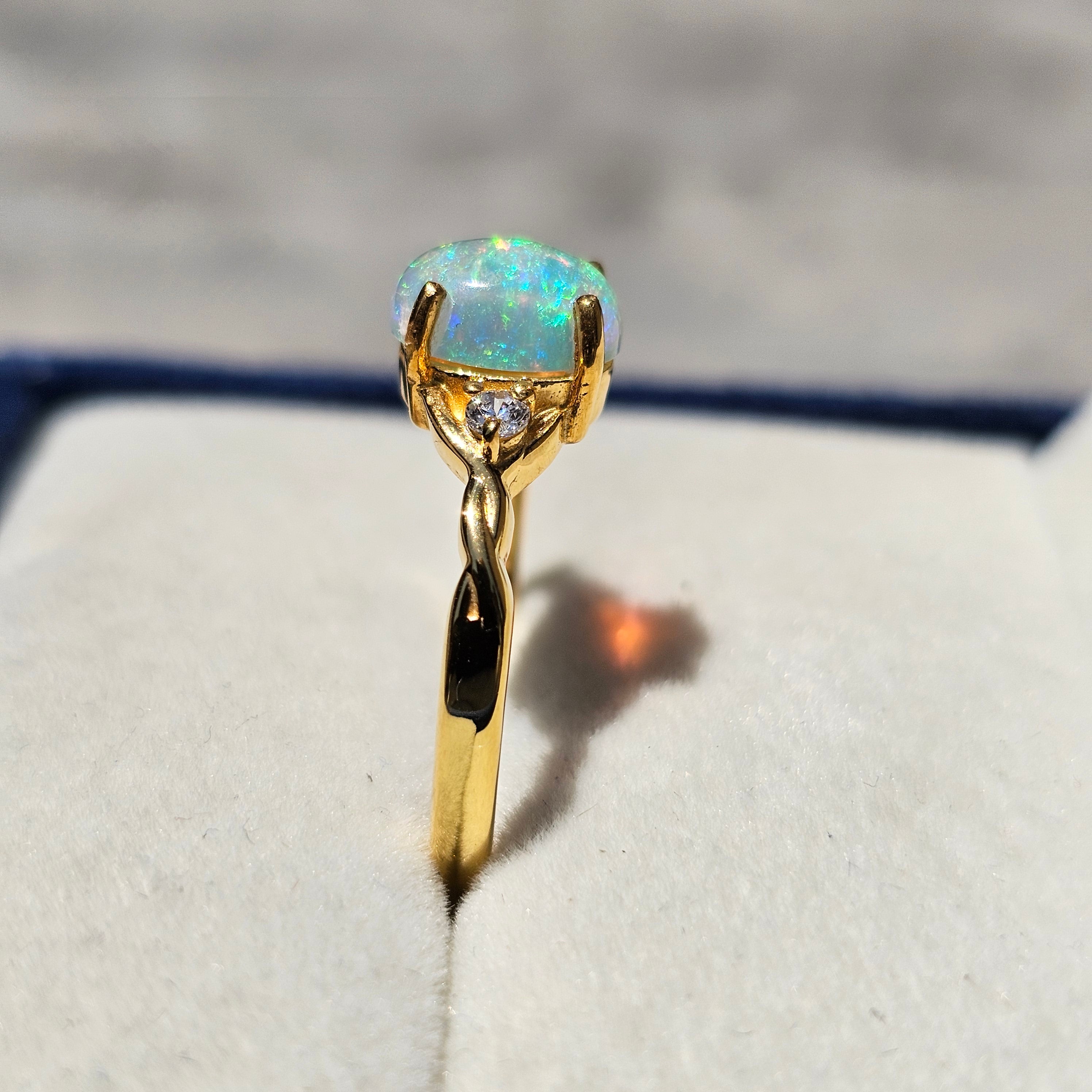 925 Sterling Silver Gold Plated Natural White Opal Ring – Round Opal Promise Ring for Women | October Birthstone Gift