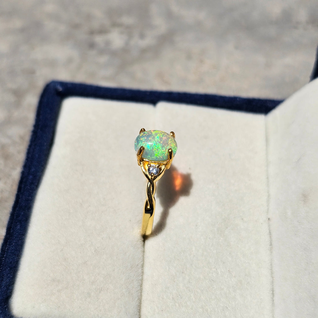 925 Sterling Silver Gold Plated Natural White Opal Ring – Round Opal Promise Ring for Women | October Birthstone Gift