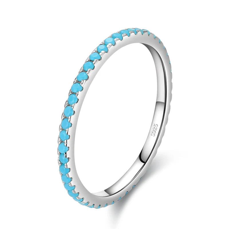 100% 925 Sterling Silver Classic Exquisite Circle Turquoise Charm Stackable Finger Ring For Women Trendy Fine Jewelry
