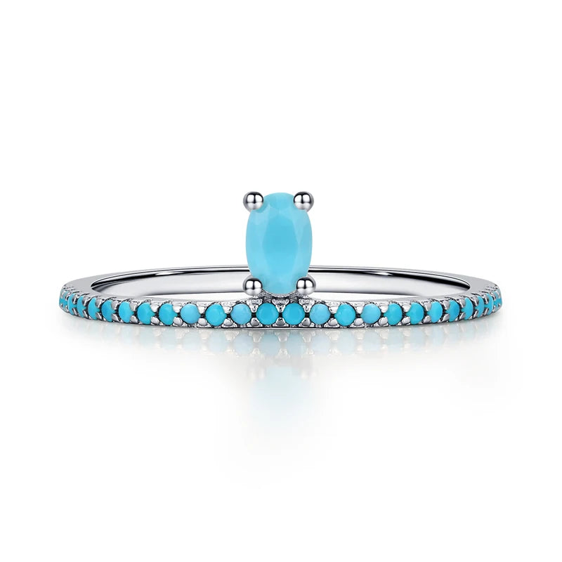 100% 925 Sterling Silver Classic Exquisite Circle Turquoise Charm Stackable Finger Ring For Women Trendy Fine Jewelry