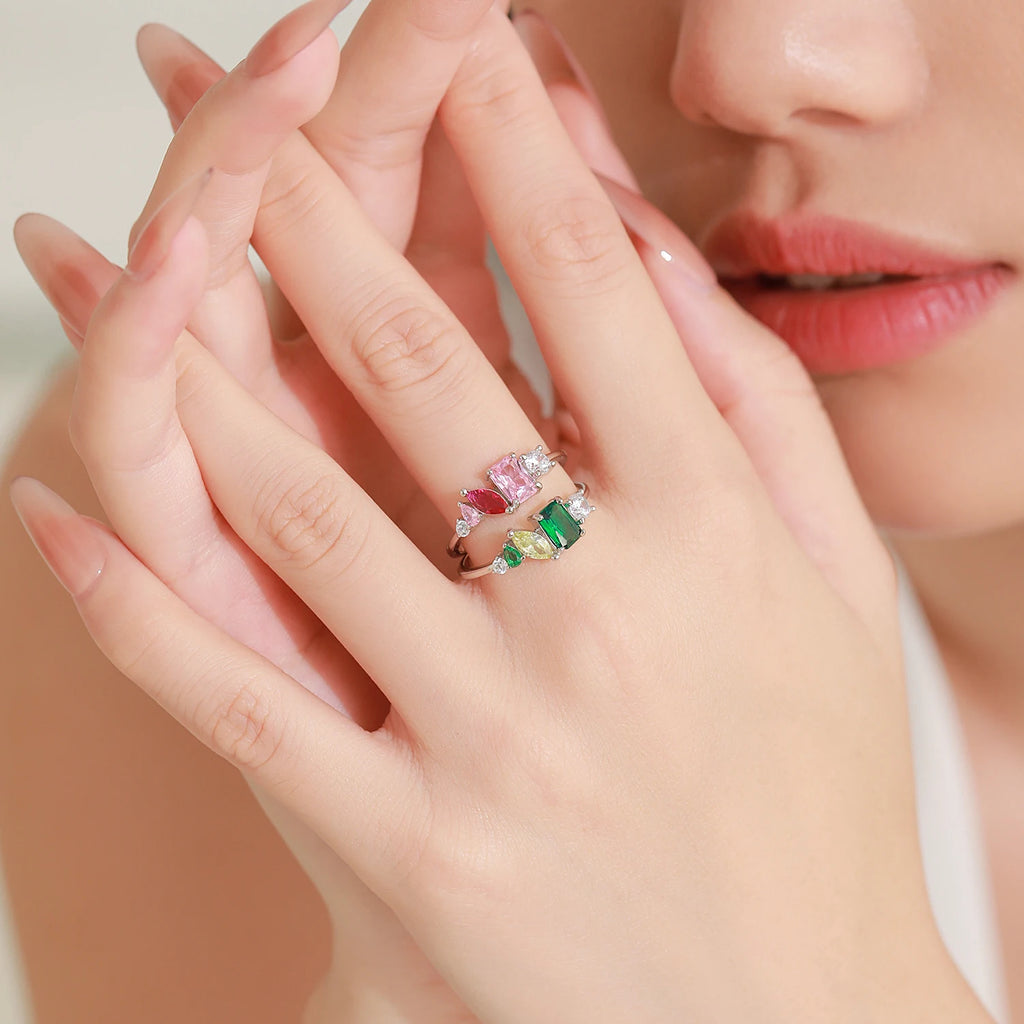 925 Sterling Silver Rectangle Geometric Design Green Zirconia Ring Vintage Wedding Band Engagement Women Jewelry