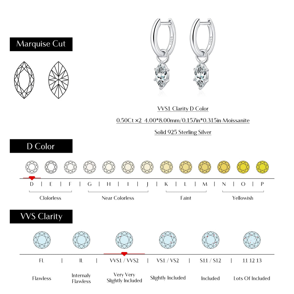 1CT Marquise Cut Moissanite 925 Sterling Sliver Charming Lab Diamond Swing Hoop Earrings For Women Dating Fine Jewelry