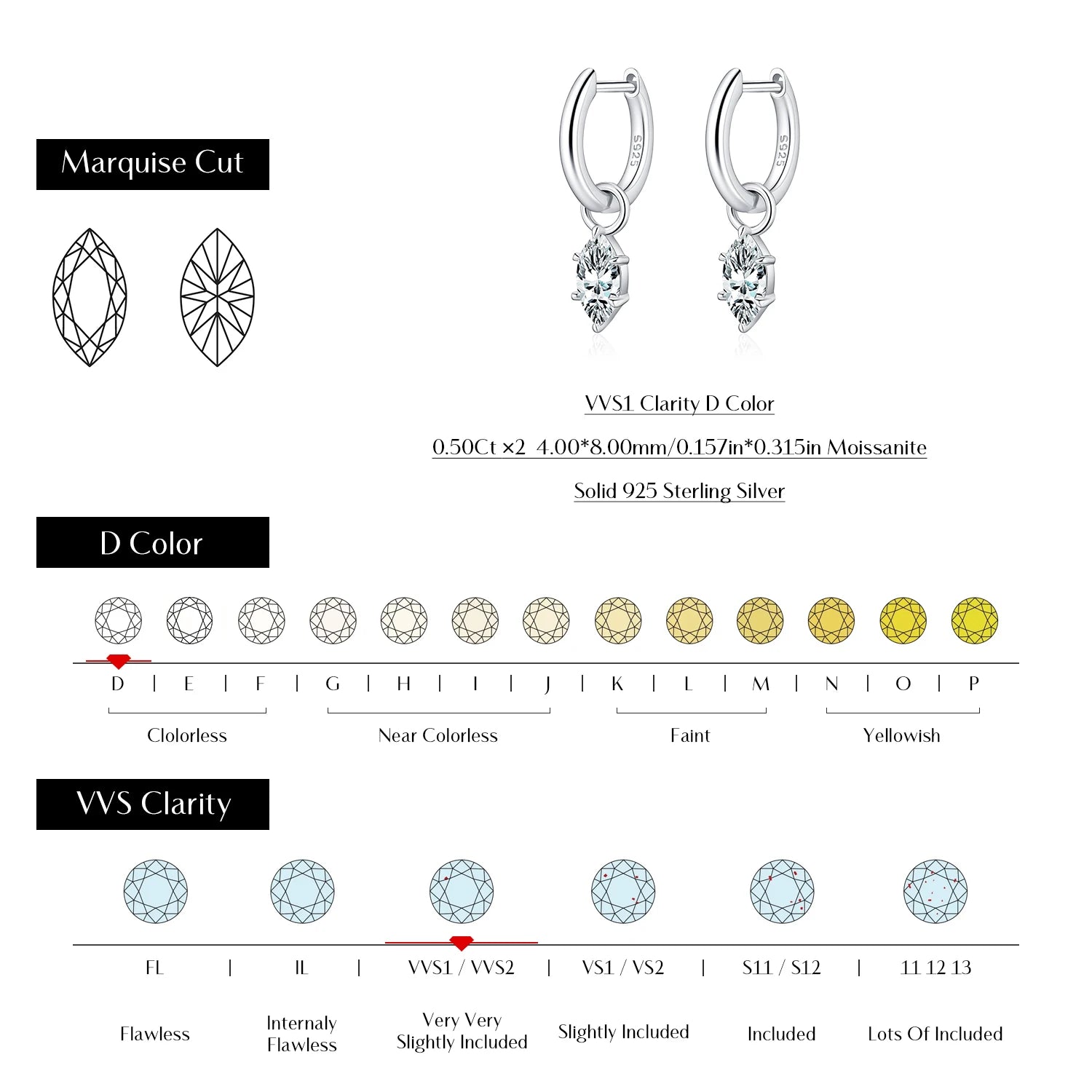 1CT Marquise Cut Moissanite 925 Sterling Sliver Charming Lab Diamond Swing Hoop Earrings For Women Dating Fine Jewelry