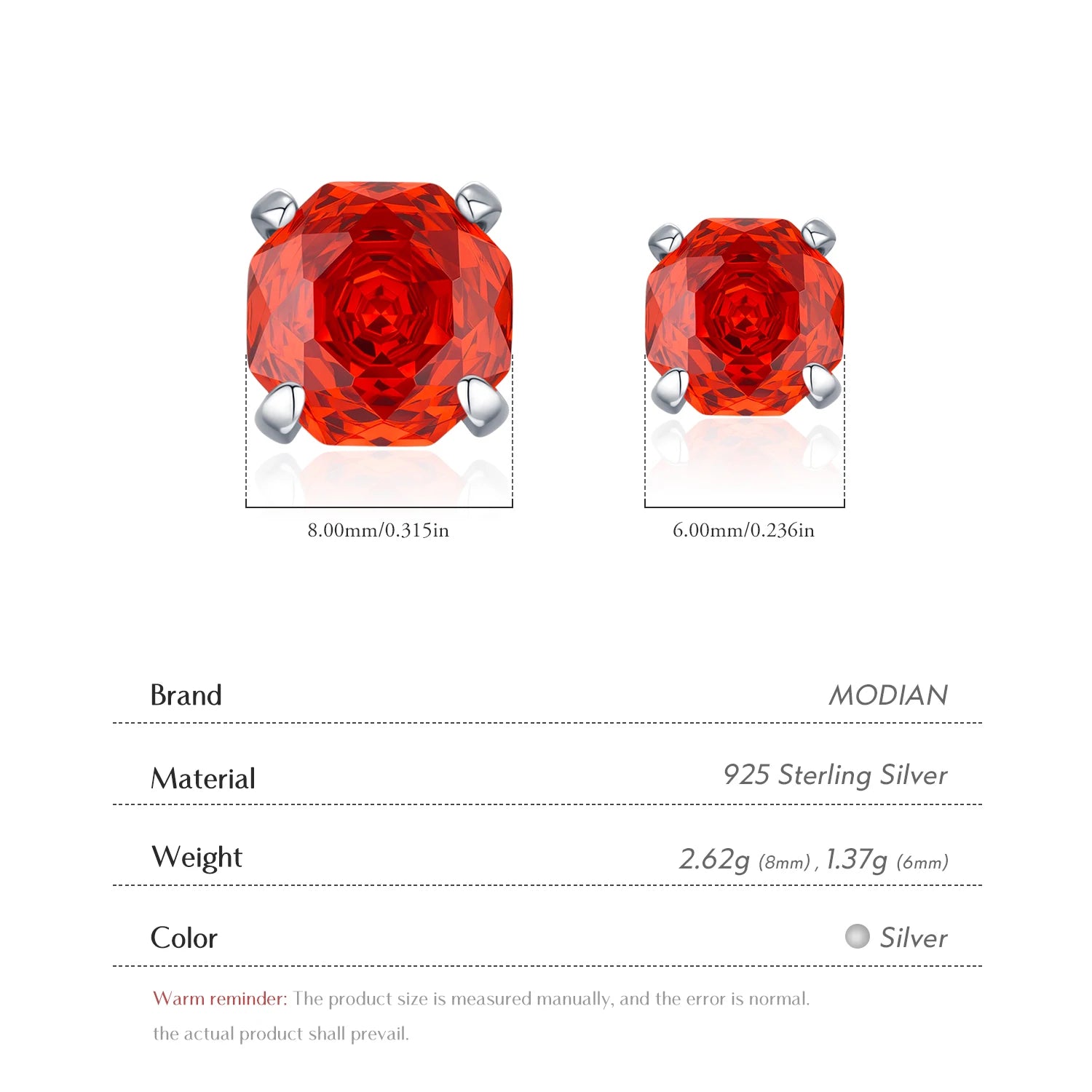 925 Sterling Silver Delicate Unisex Octagon Ear Stud Red Rose Cut Red CZ Stud Earrings For Women Fine Jewelry