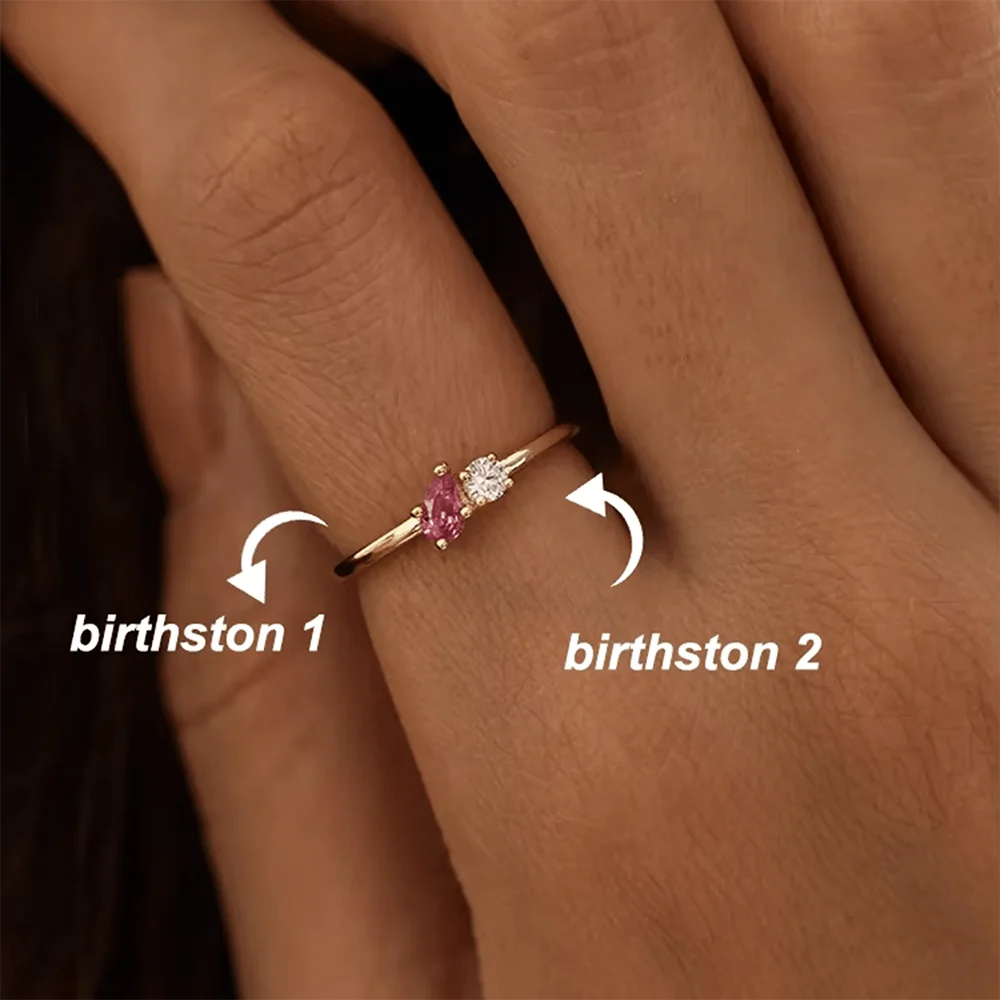 Custom Two Birthstone Rings Gold Color New Dainty Gemstones Minimalist Jewelry Gift For Wife Women Proposal Wedding Christmas