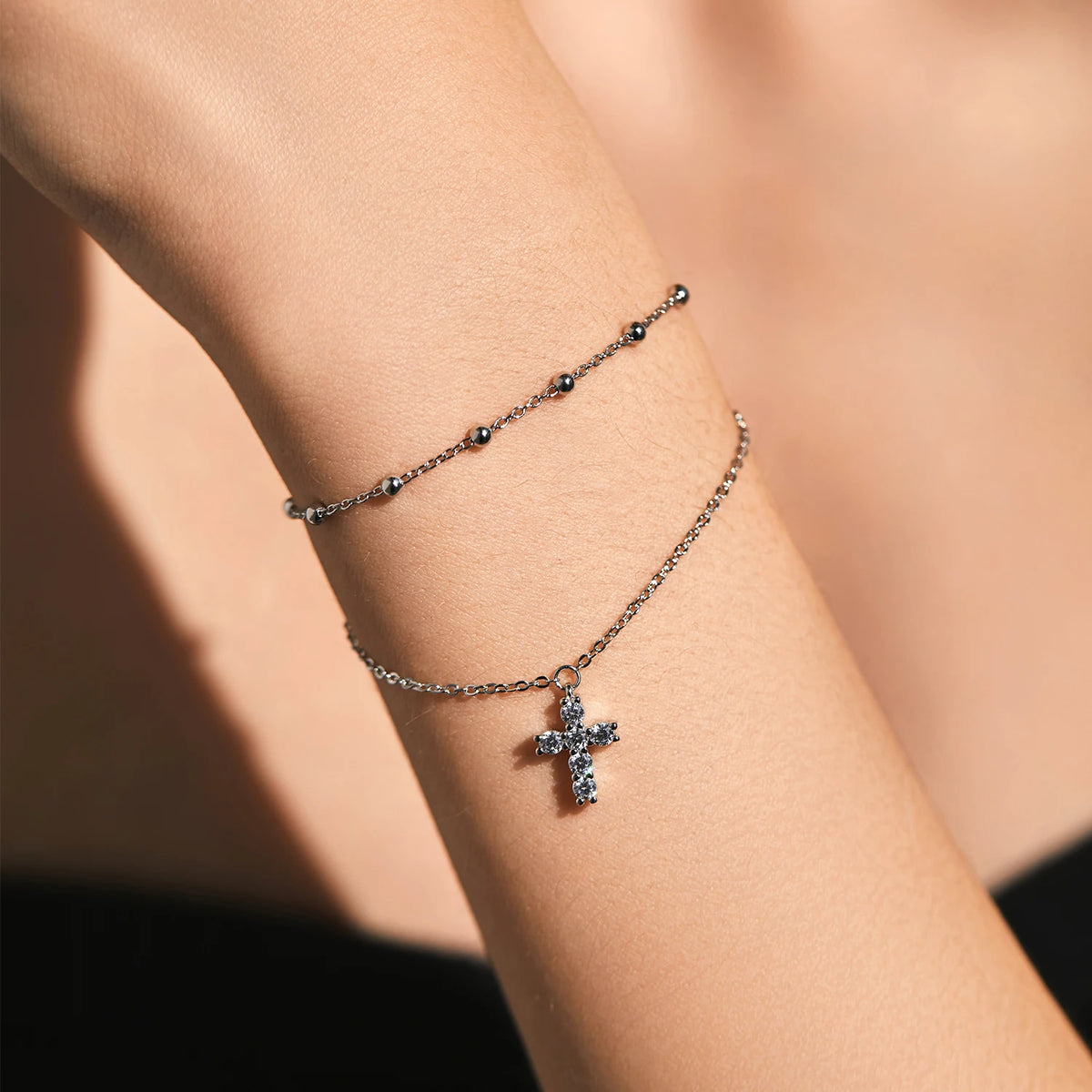 Exquisite Cross CZ Bracelet 925 Sterling Silver Stackable Double Layer Link Chain Beads Bracelets For Women Fine Jewelry