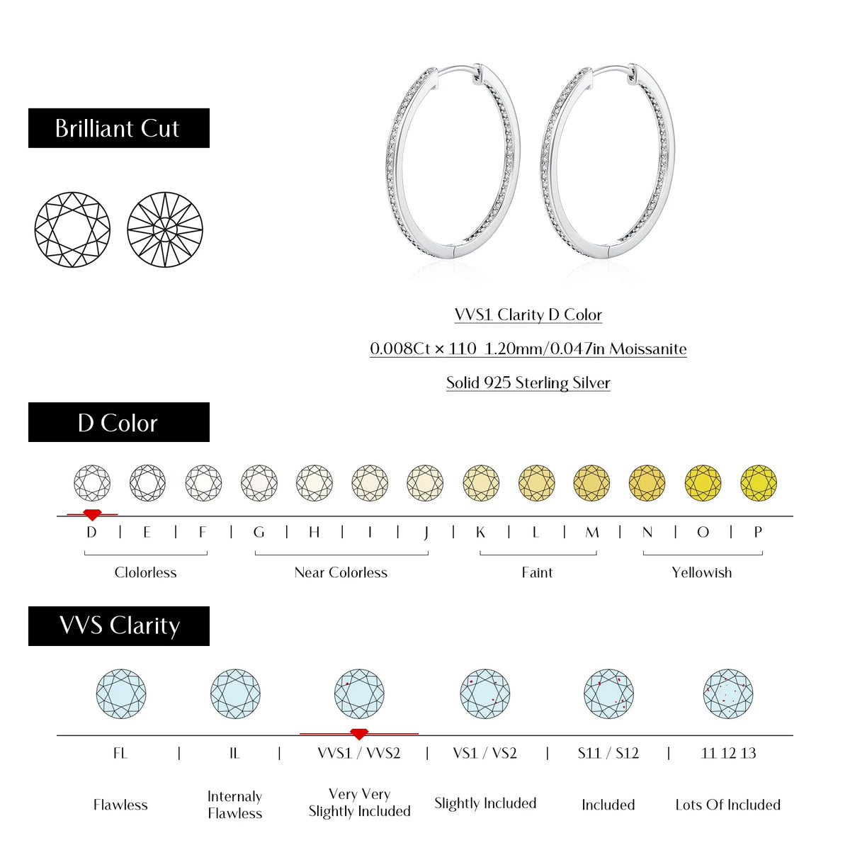 D Color Moissanite Earring 925 Sterling Sliver White Gold Plated Big Hoop Earring for Women Wedding Party Jewelry