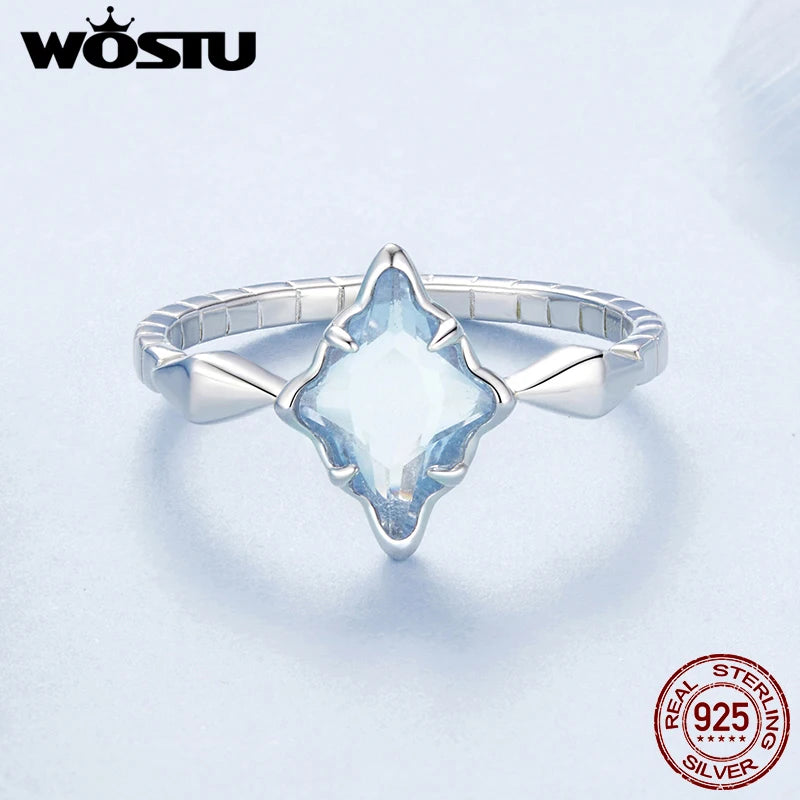 925 Sterling Silver Square Cut Light Blue Crystal Finger Ring For Women Wedding Party Jewelry Accessories Star Anillos