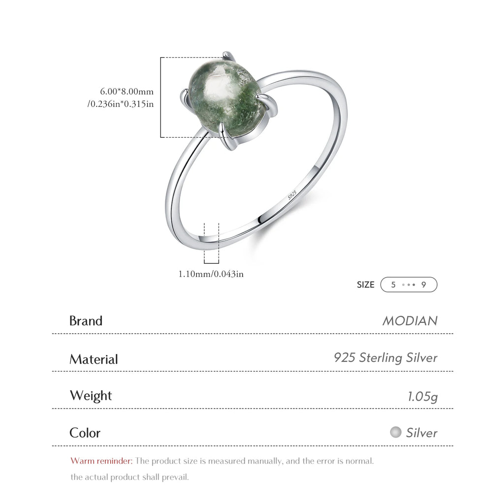 925 Sterling Silver Green Moss Agate Ring Oval Cabochon Thin Band Finger Rings Minimalist For Women  Fine Jewelry Gift ﻿