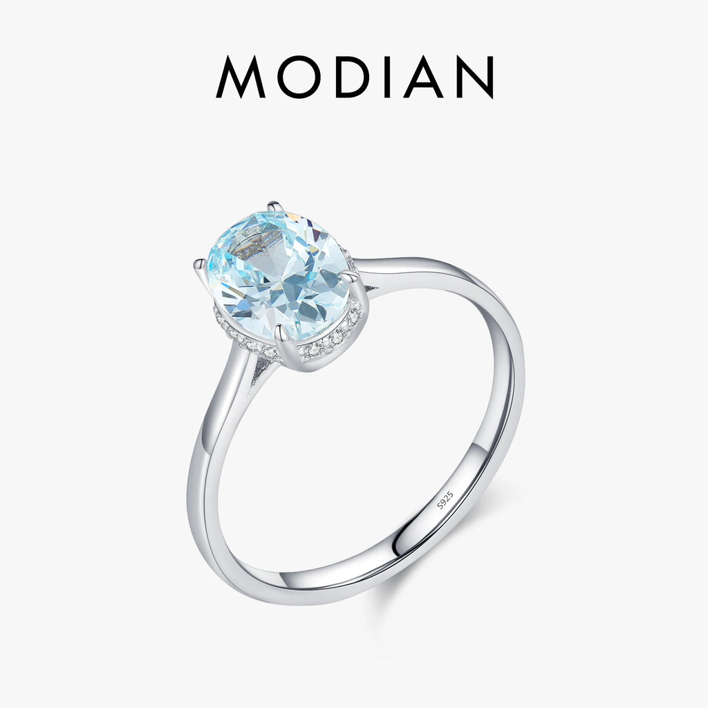 Classic Design 925 Sterling Silver Ocean Blue Zirconia Ring Platinum Plated Wedding Engagement Jewelry for Women Gifts