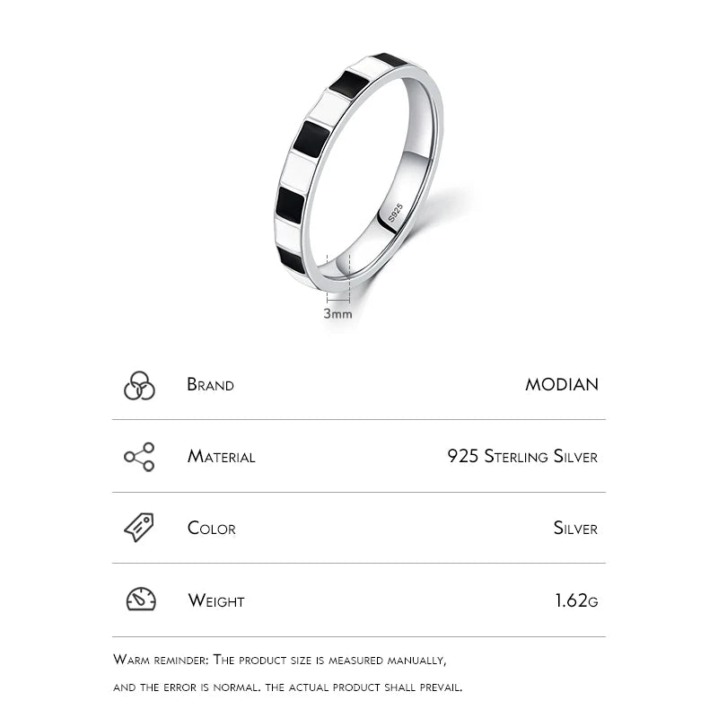925 Sterling Silver Minimalist Black And White Grid Enamel Trendy Ring For Women Unique Original Design Ring Fine Jewelry