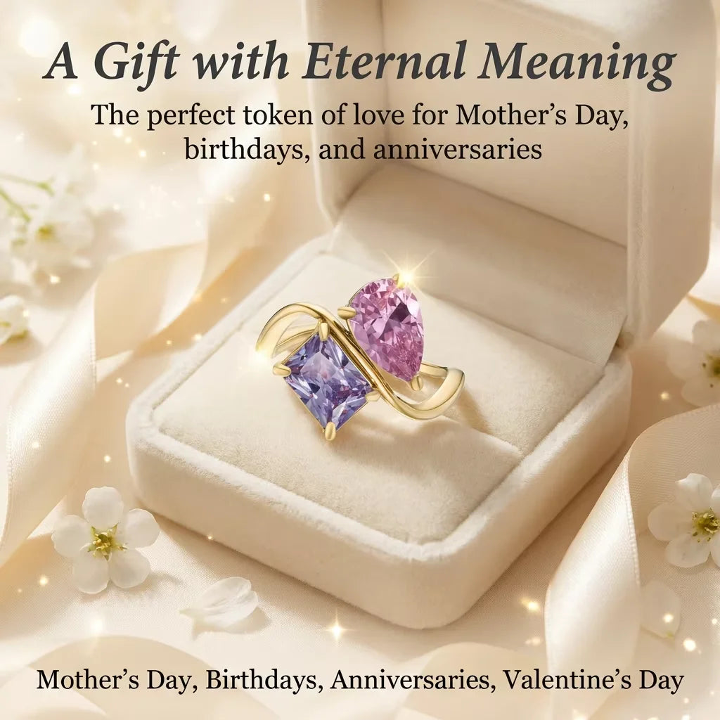 Custom Mother Daughter Birthstone Ring Personalized Infinity Bond Two Stone Ring 18K Gold Plated Jewelry Gift for Mom