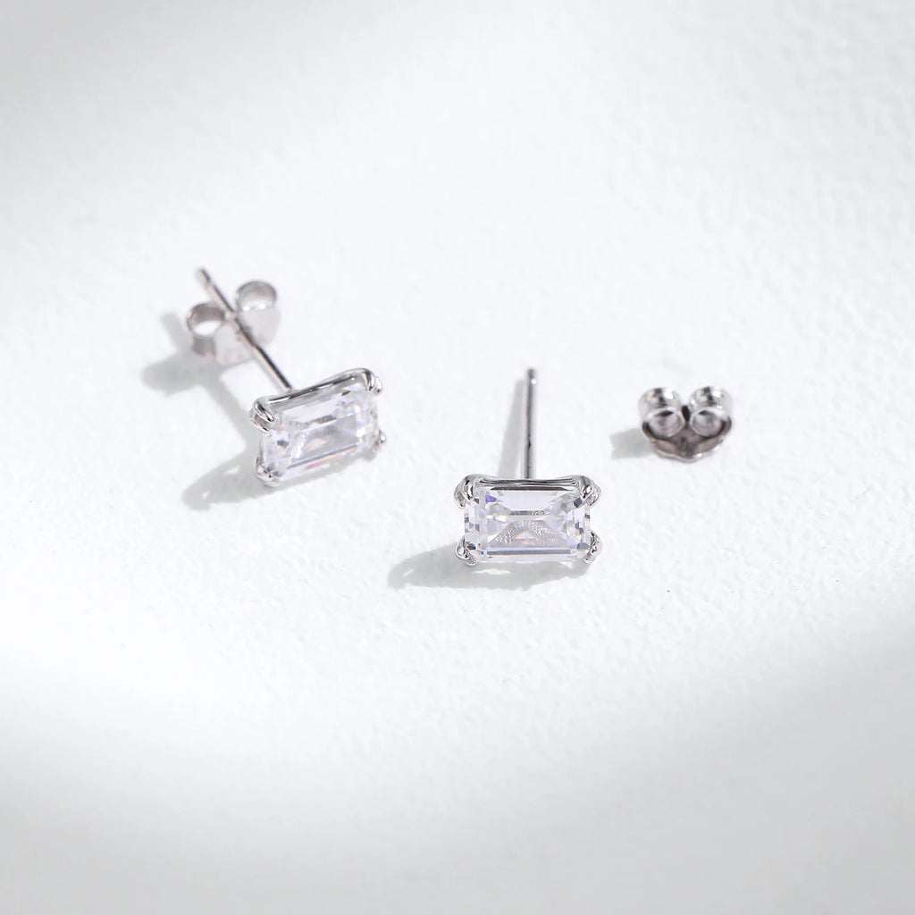 925 Sterling Silver Simple Emerald Cut CZ Stud Earrings Hypoallergenic Earrings For Women Wedding Engagement Fine Jewelry