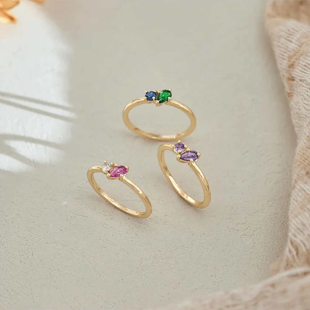 Custom Two Birthstone Rings Gold Color New Dainty Gemstones Minimalist Jewelry Gift For Wife Women Proposal Wedding Christmas