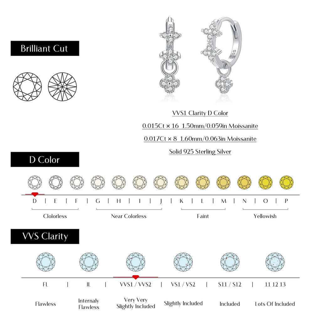 Dazzling Moissanite Ear Buckle 925 Sterling Silver Four Leaf Clover Swing Lab Diamond Hoop Earrings For Women Jewelry