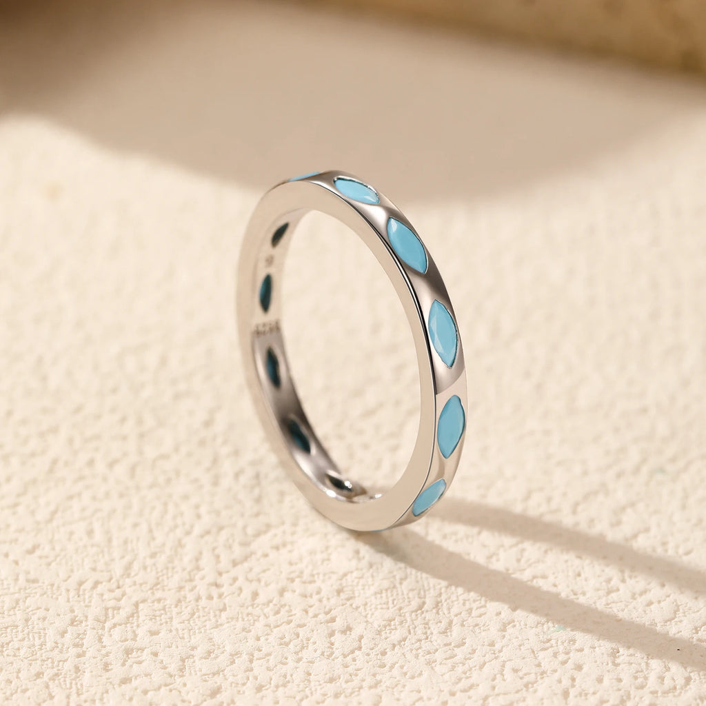 925 Sterling Silver Retro Rhombic Simulated Turquoise Stackable Eternity Fashion Stackable Band Ring For Women Jewelry