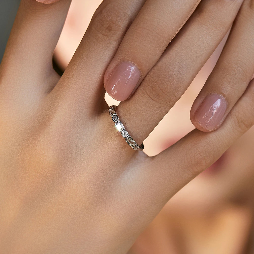 925 Sterling Silver Fashion Round Rectangle Dazzling Clear CZ Band Ring For Women Wedding Engagement Fine Jewelry