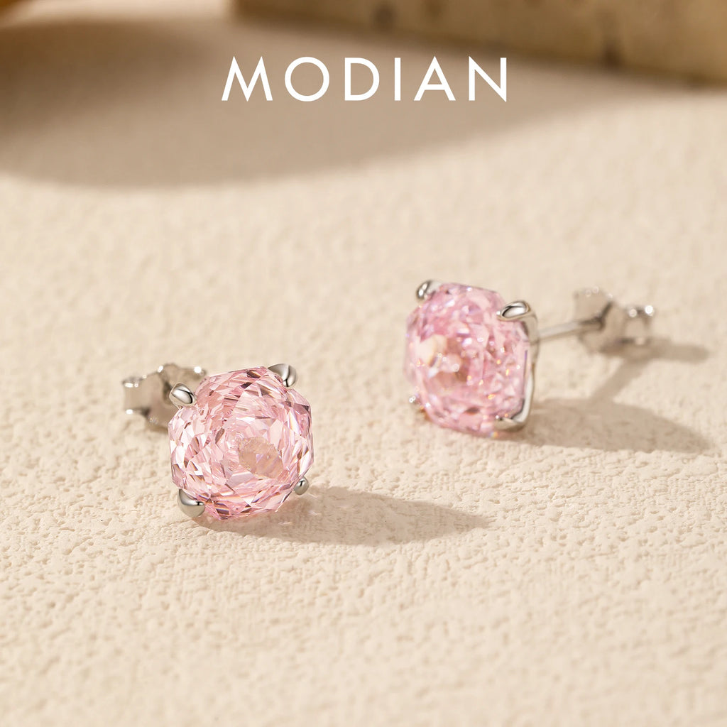 925 Sterling Silver Romantic Pink Rose Cut Sparkling Cubic Zirconia Stud Earrings For Women Party Trendy Jewelry
