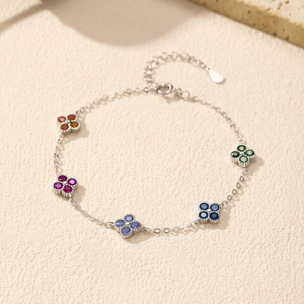 925 Sterling Silver Sweet Four Leaf Clover Colorful Zirconia Charm Fashion Stackable Bracelet For Women Fine Jewelry
