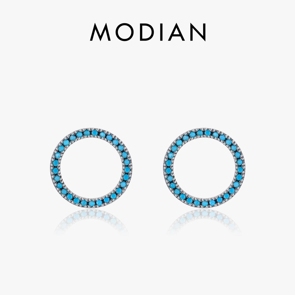 Elegant Circle Turquoise Stud Earrings Solid 925 Sterling Silver Trendy Round Female Ear Studs For Women Party Jewelry