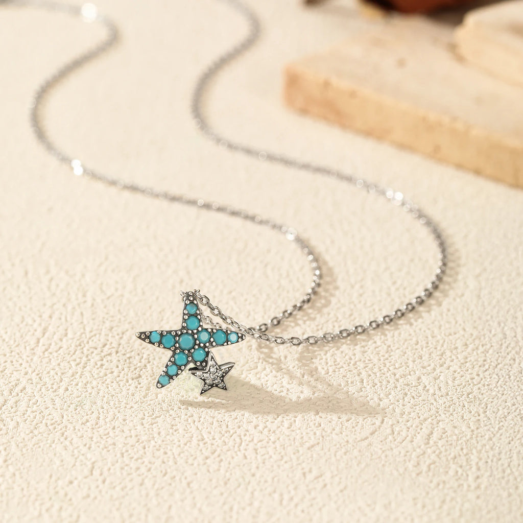 925 Sterling Silver Vintage Turquoise Necklace Starfish Stars Pendant Necklace for Women Lucky Daily Jewelry Gift