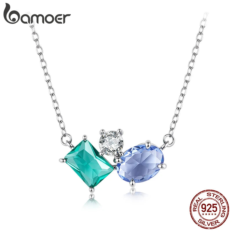 925 Sterling Silver Necklace Blue Green Stone  White Gold Zirconia Pendant Adjustable Chain for Women Fine Jewelry Gift