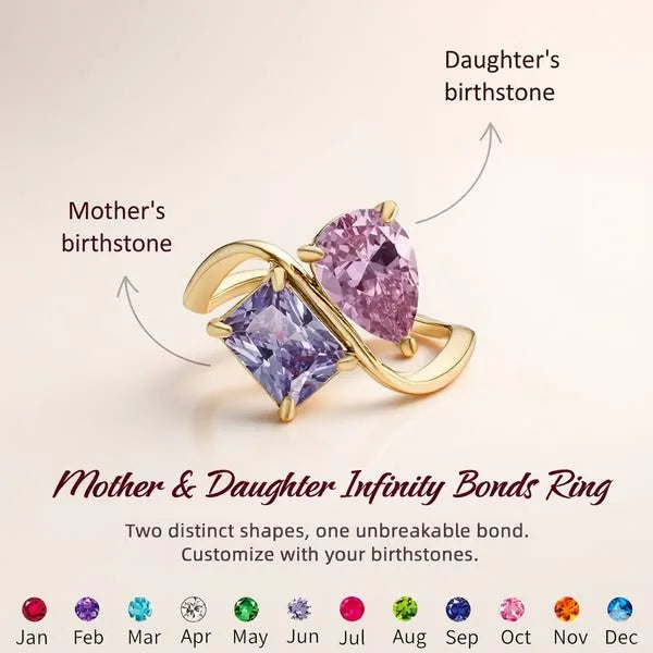 Custom Mother Daughter Birthstone Ring Personalized Infinity Bond Two Stone Ring 18K Gold Plated Jewelry Gift for Mom