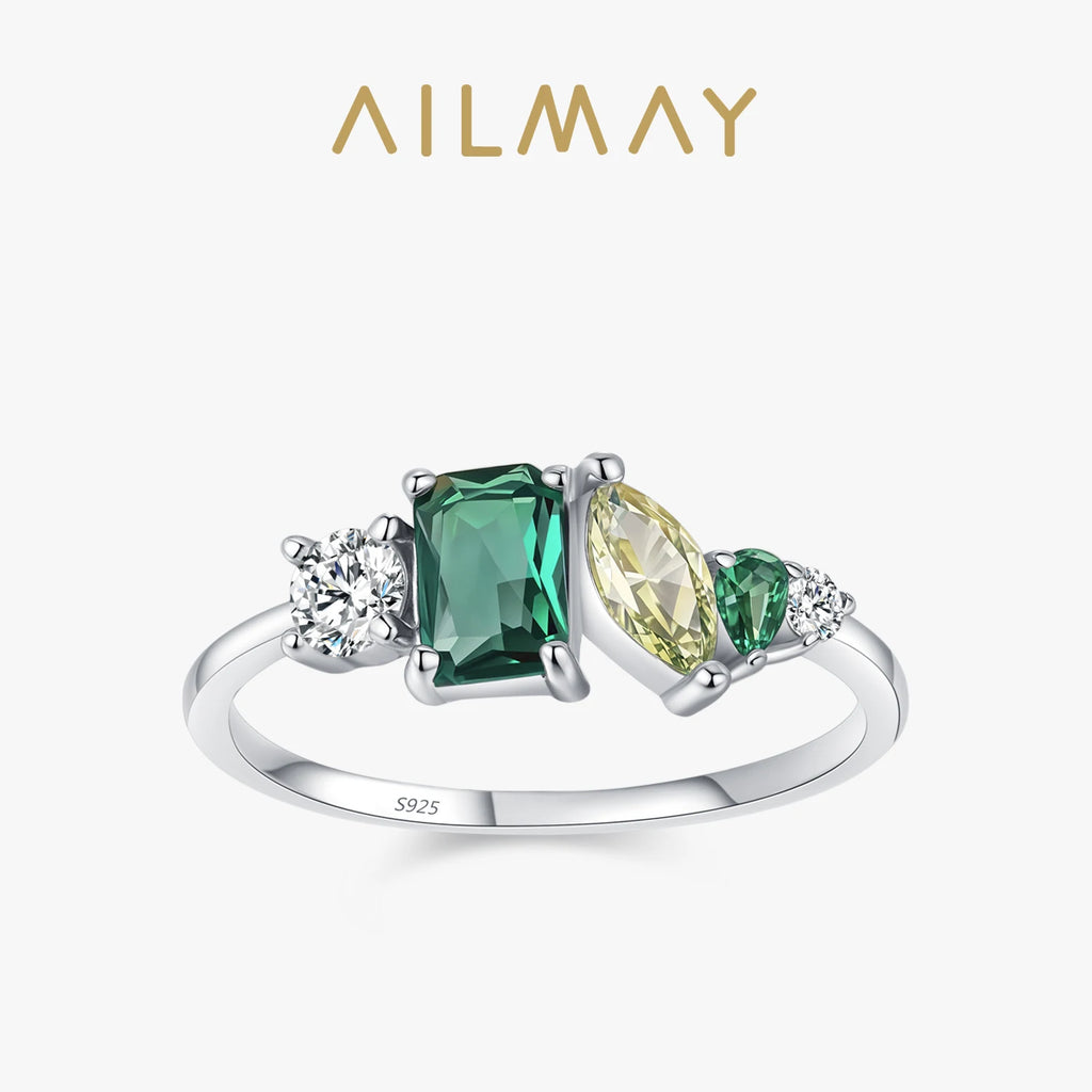 925 Sterling Silver Rectangle Geometric Design Green Zirconia Ring Vintage Wedding Band Engagement Women Jewelry