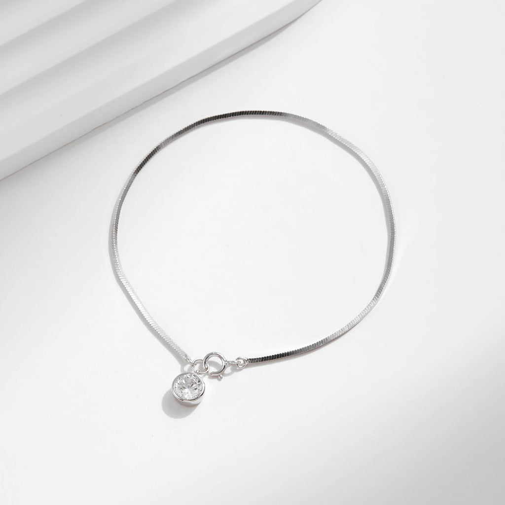 925 Sterling Silver Snake Chain Bracelet White Gold Sparkling Round CZ Charm Dainty Chain Bracelet for Women Jewelry