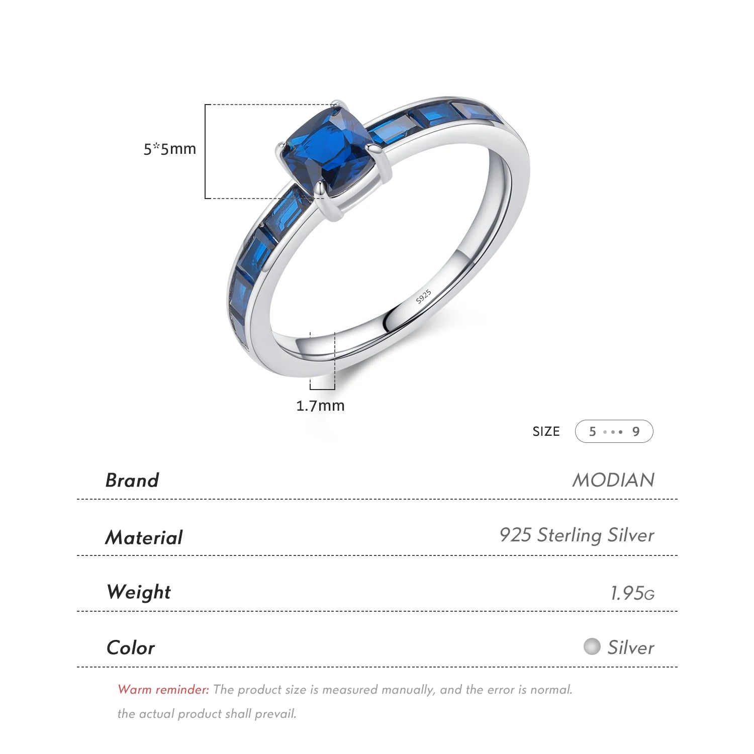 925 Sterling Silver Luxury Square Blue Cubic Zirconia Ring Classic Romantic Rings for Women Wedding Gift Fine Jewelry