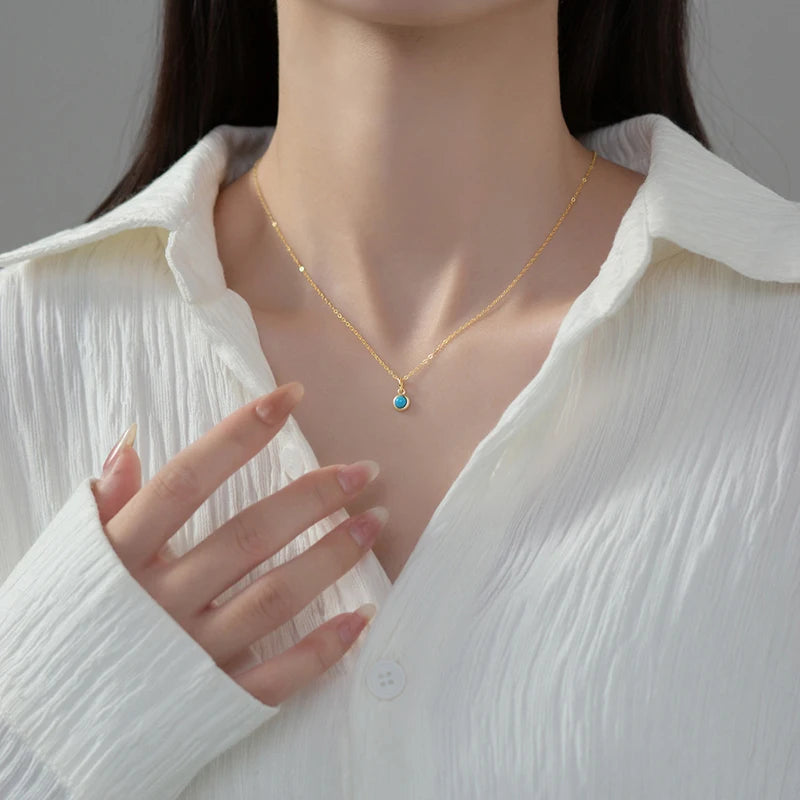 WANTME 925 Sterling Silver Simple Fashion Blue Turquoise Pendant Charm Chain Necklace for Women Elegant Statement Party Jewelry