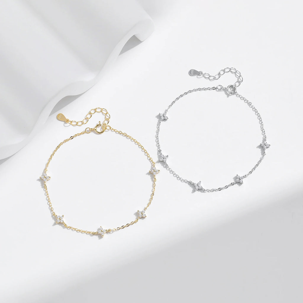 925 Sterling Silver Mini Flowers Bracelet Dainty Link Chain Pave Setting CZ For Women Wedding Fine Jewelry Gift