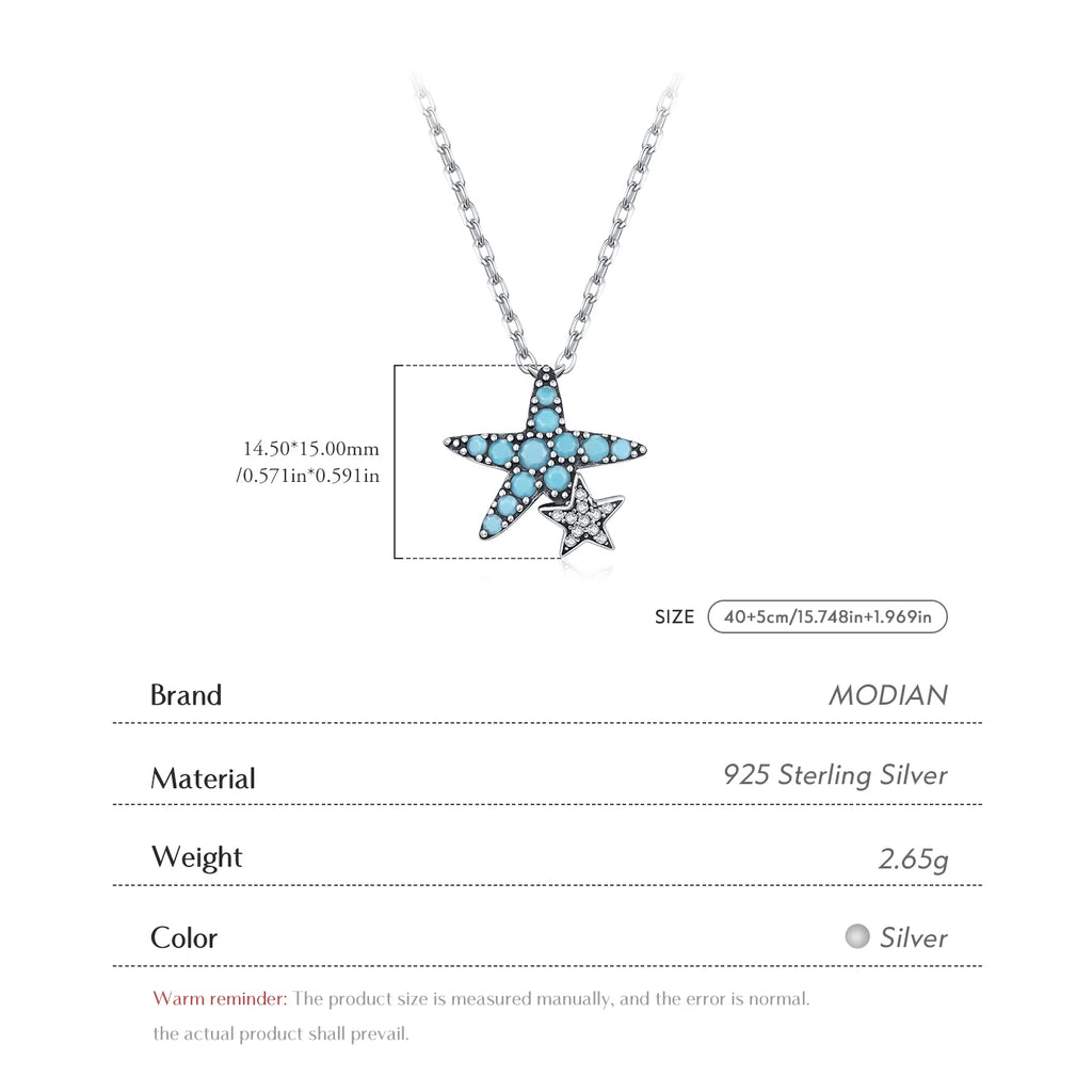 925 Sterling Silver Vintage Turquoise Necklace Starfish Stars Pendant Necklace for Women Lucky Daily Jewelry Gift