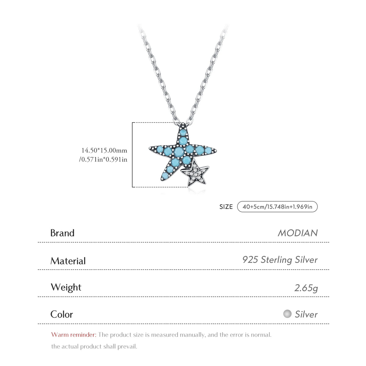 925 Sterling Silver Vintage Turquoise Necklace Starfish Stars Pendant Necklace for Women Lucky Daily Jewelry Gift