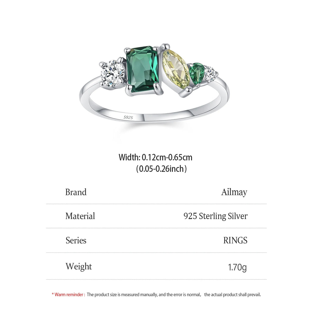 925 Sterling Silver Rectangle Geometric Design Green Zirconia Ring Vintage Wedding Band Engagement Women Jewelry