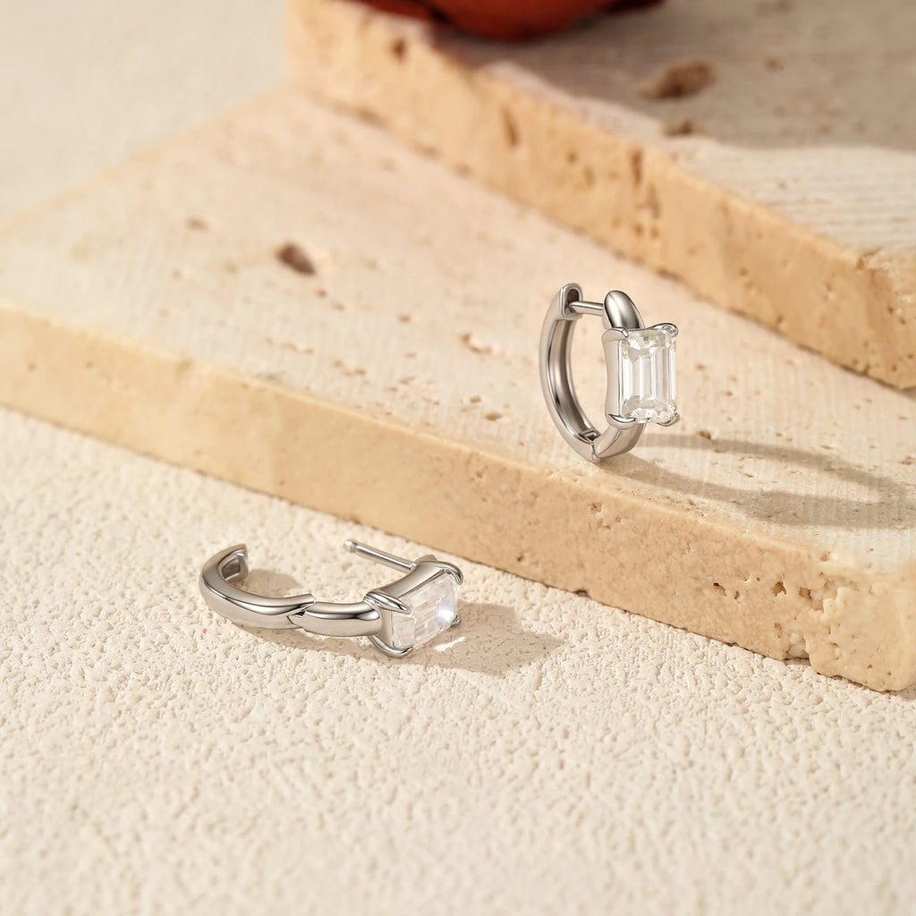 0.8CT Moissanite Ear Buckle 925 Sterling Sliver Simple Rectangle Lab Diamond Hoop Earrings For Women OL Fine Jewelry