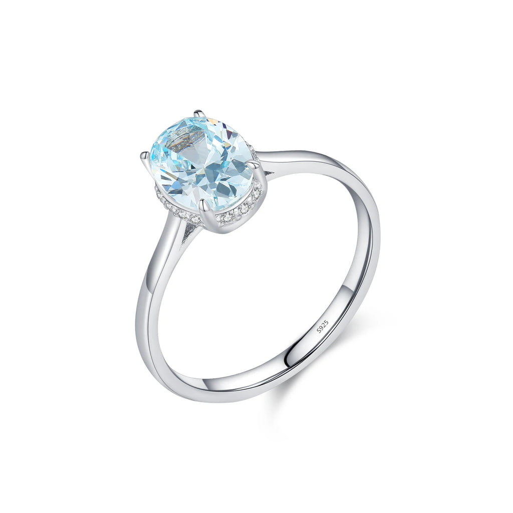 Classic Design 925 Sterling Silver Ocean Blue Zirconia Ring Platinum Plated Wedding Engagement Jewelry for Women Gifts