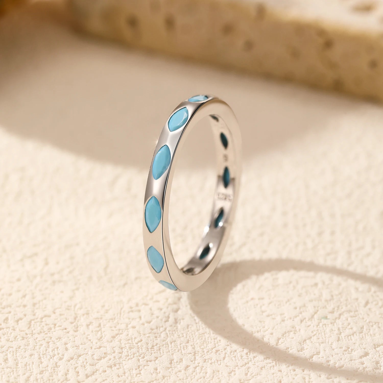 925 Sterling Silver Retro Rhombic Simulated Turquoise Stackable Eternity Fashion Stackable Band Ring For Women Jewelry