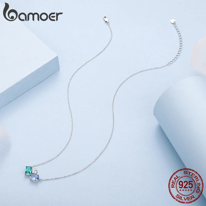 925 Sterling Silver Necklace Blue Green Stone  White Gold Zirconia Pendant Adjustable Chain for Women Fine Jewelry Gift