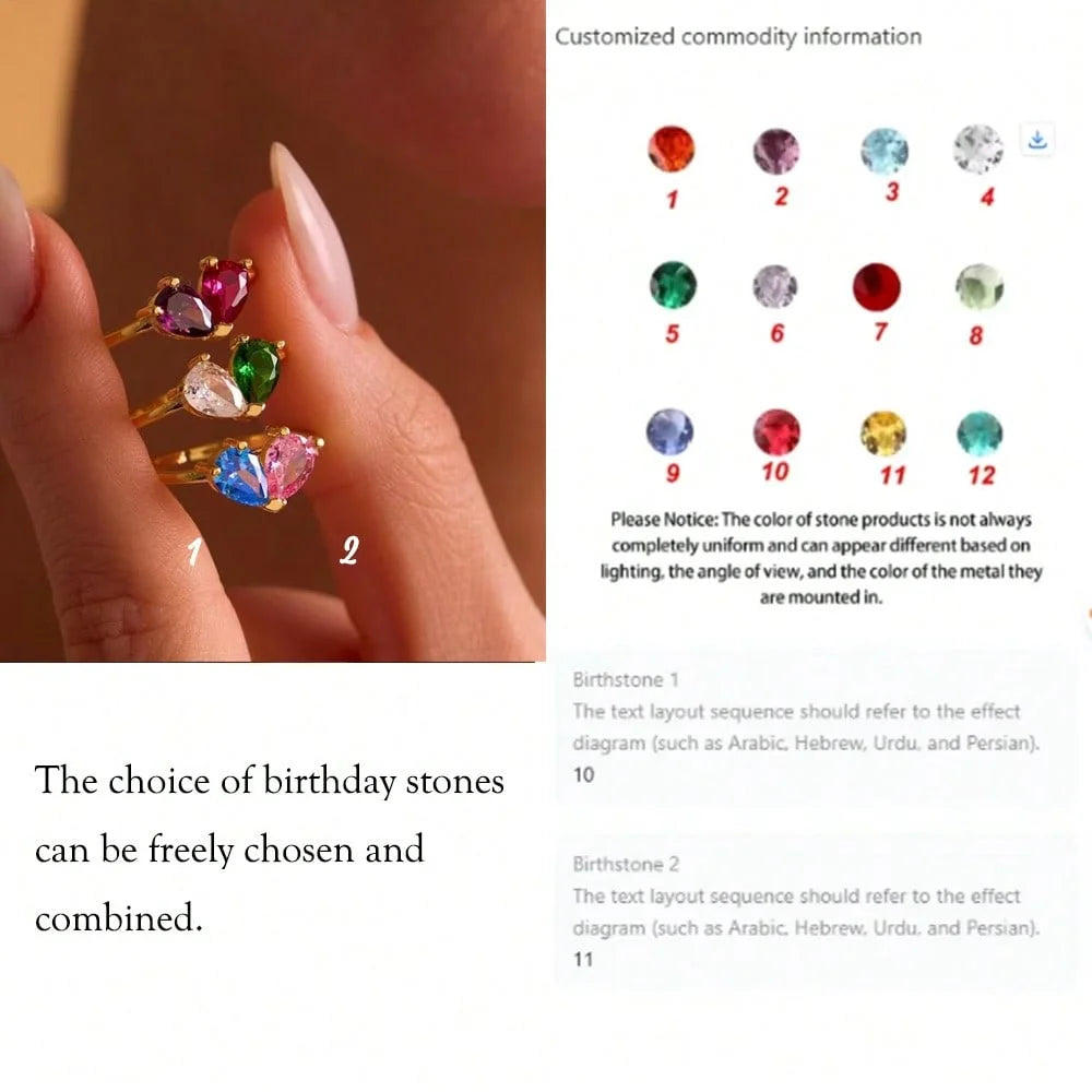 Custom Heart Birthstone Ring Elegant Women Personalized 2 Birthday Stone Anillos Couples Gold Color Jewelry Mothers Day Gifts