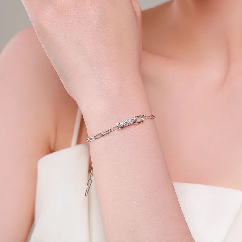 Trendy 925 Sterling Silver Geometric Link Lock Bracelet for Women Classic Zirconia Chain Female Bracelets Fine Jewelry