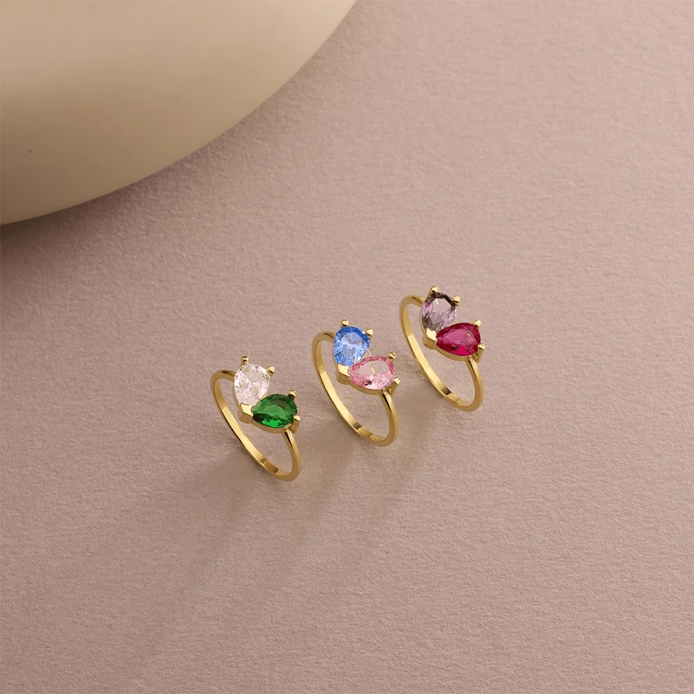 Custom Heart Birthstone Ring Elegant Women Personalized 2 Birthday Stone Anillos Couples Gold Color Jewelry Mothers Day Gifts