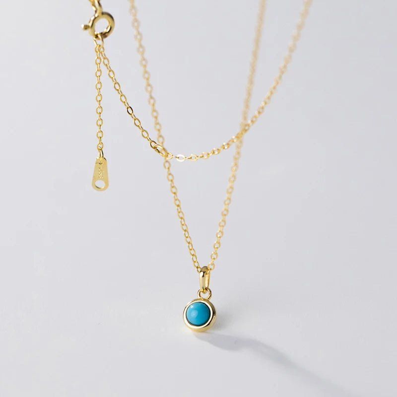WANTME 925 Sterling Silver Simple Fashion Blue Turquoise Pendant Charm Chain Necklace for Women Elegant Statement Party Jewelry